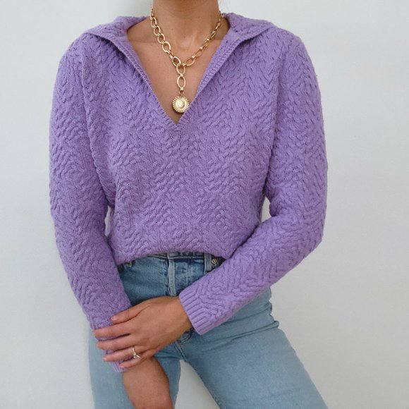 Vintage Sweaters - Lavender Chunky Knit Polo Sweater